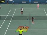 Doubles match on a concrete court.